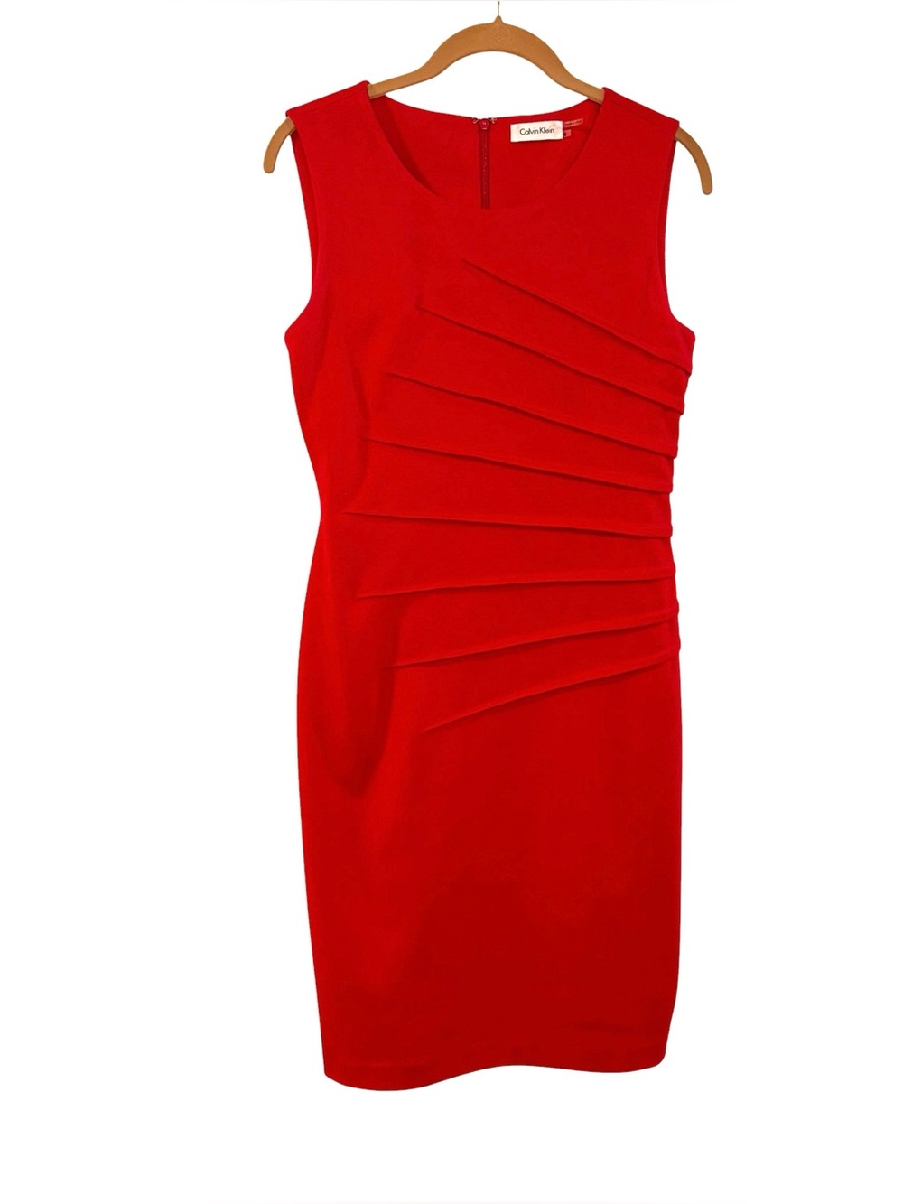 Calvin Klein Size 6 Red Sheath Dress Sunburst Pleat Career Fitted Sleeveless - Picture 2 of 13